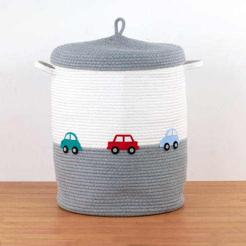 Little Cars- Grey Rope Basket With Lid